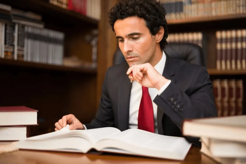 Man in suit studying a law book